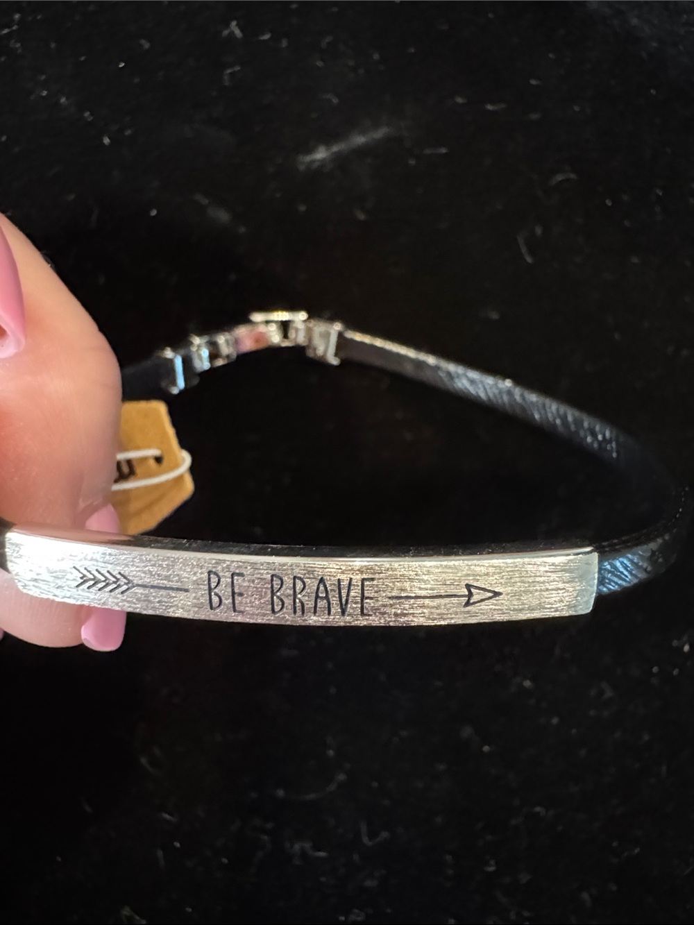 "Be Brave" Silver Plate Black Leather Bracelet